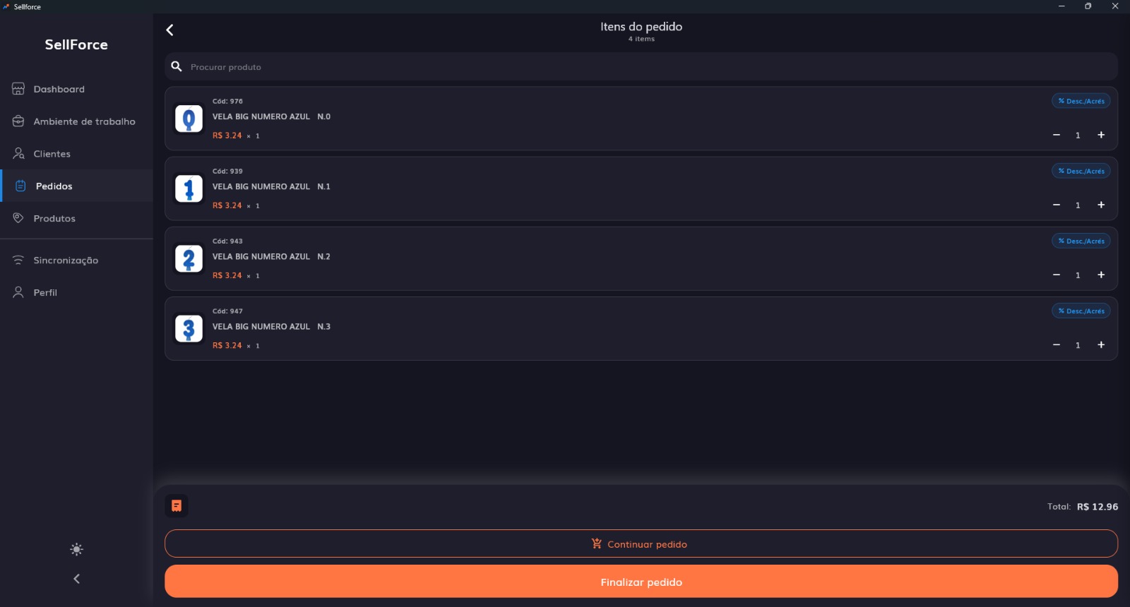 Tela de itens do pedido no Sellforce desktop